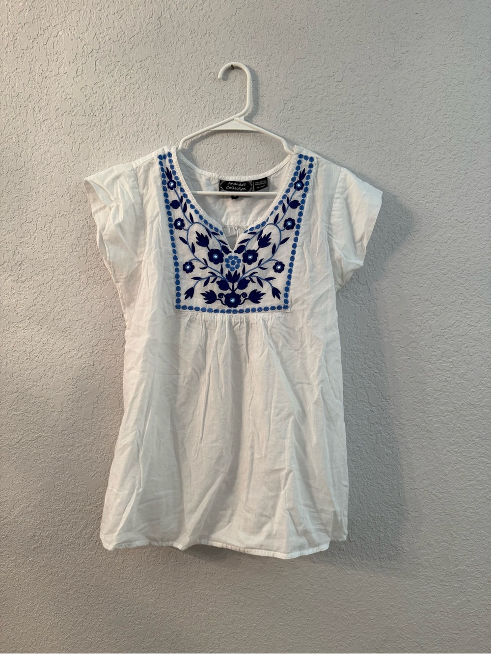 White Cotton Embroidered Tunic Top with Blue Floral Yoke